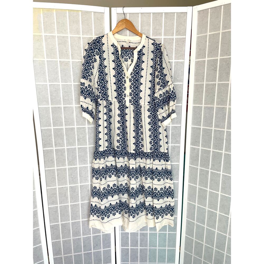 FIG + FLOWER Blue White Folk Print Coastal Tunic Dress Boho Chic Flowy Size M